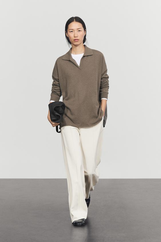 Zara 100% cashmere oversize polo collar sweater - Green marl - Image 0