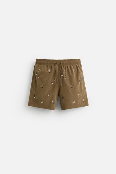 EMBROIDERED REGULAR SWIMMING TRUNKS - Brown by Zara