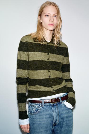 Zara STRIPED KNIT CARDIGAN - GREEN