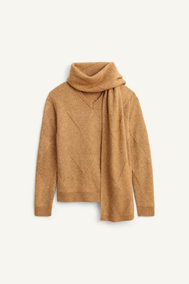 JACQUARD STRIKTRØJE MED GEOMETRISK MØNSTER OG TØRKLÆDE - LIMITED EDITION - gyldenbrun fra Zara