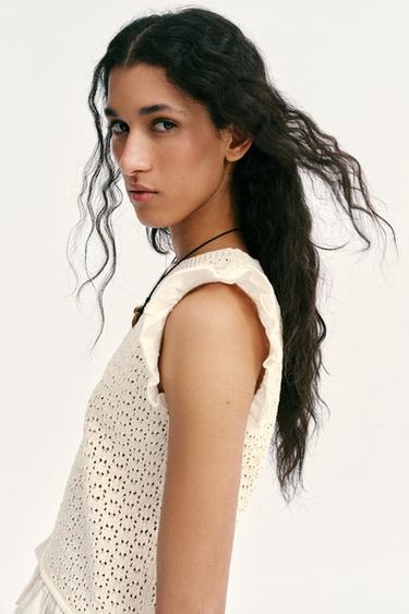 TOP EN MAILLE ET POINTELLE - Écru de Zara - Image 3