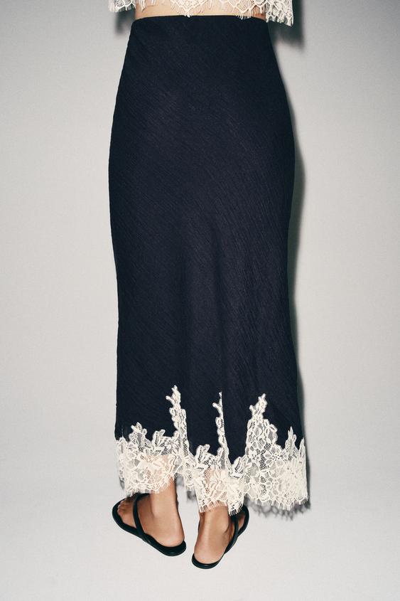 LACE TRIM MIDI SKIRT - Navy / White by Zara - Image 2