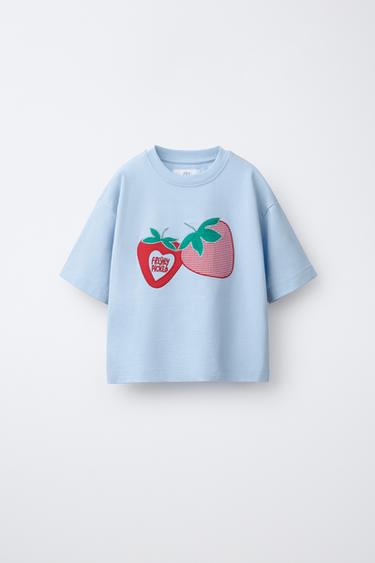 T-SHIRT WITH TOMATO PATCH - Light blue by Zara