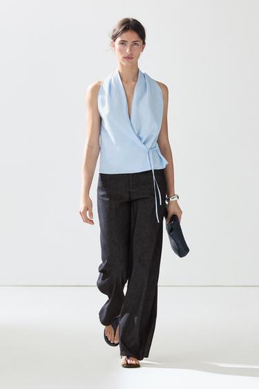 Zara 100% linen halter top with tie detail - Sky blue - Image 0