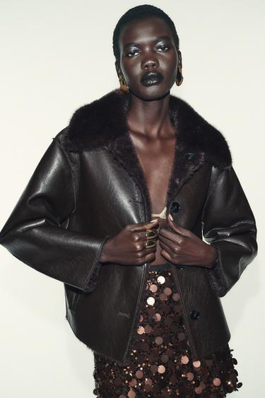 Zara REVERSIBLE DOUBLE FACED FAUX LEATHER JACKET - Brown