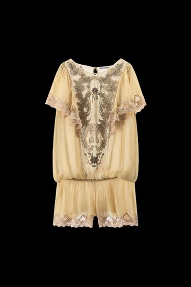 TULLE JUMPSUIT WITH EMBROIDERY AND BEADS - Yellow by Zara - Image 0