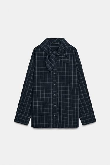 CHEMISE EN POPELINE À CARREAUX AVEC FOULARD - Bleu / Bleu marine de Zara - Image 7