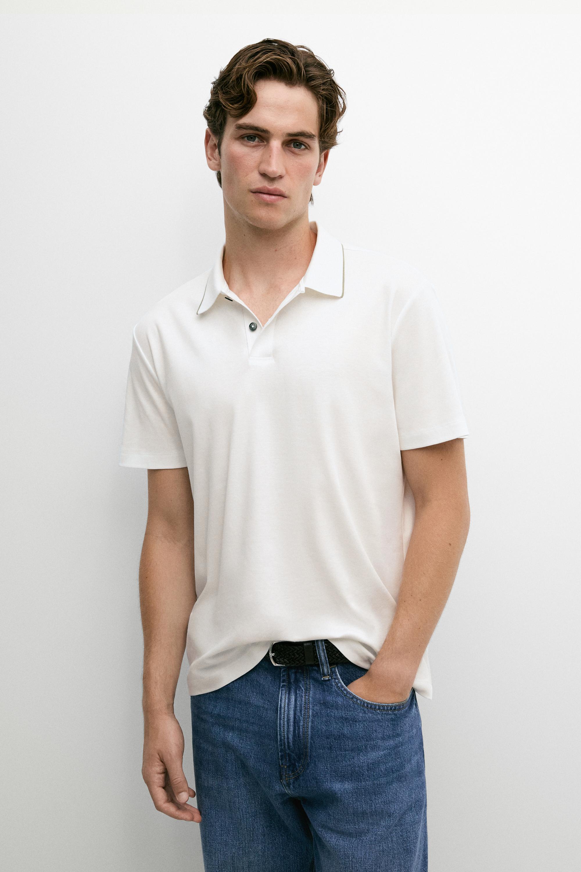 Short sleeve polo shirt with contrast detail — Ecru