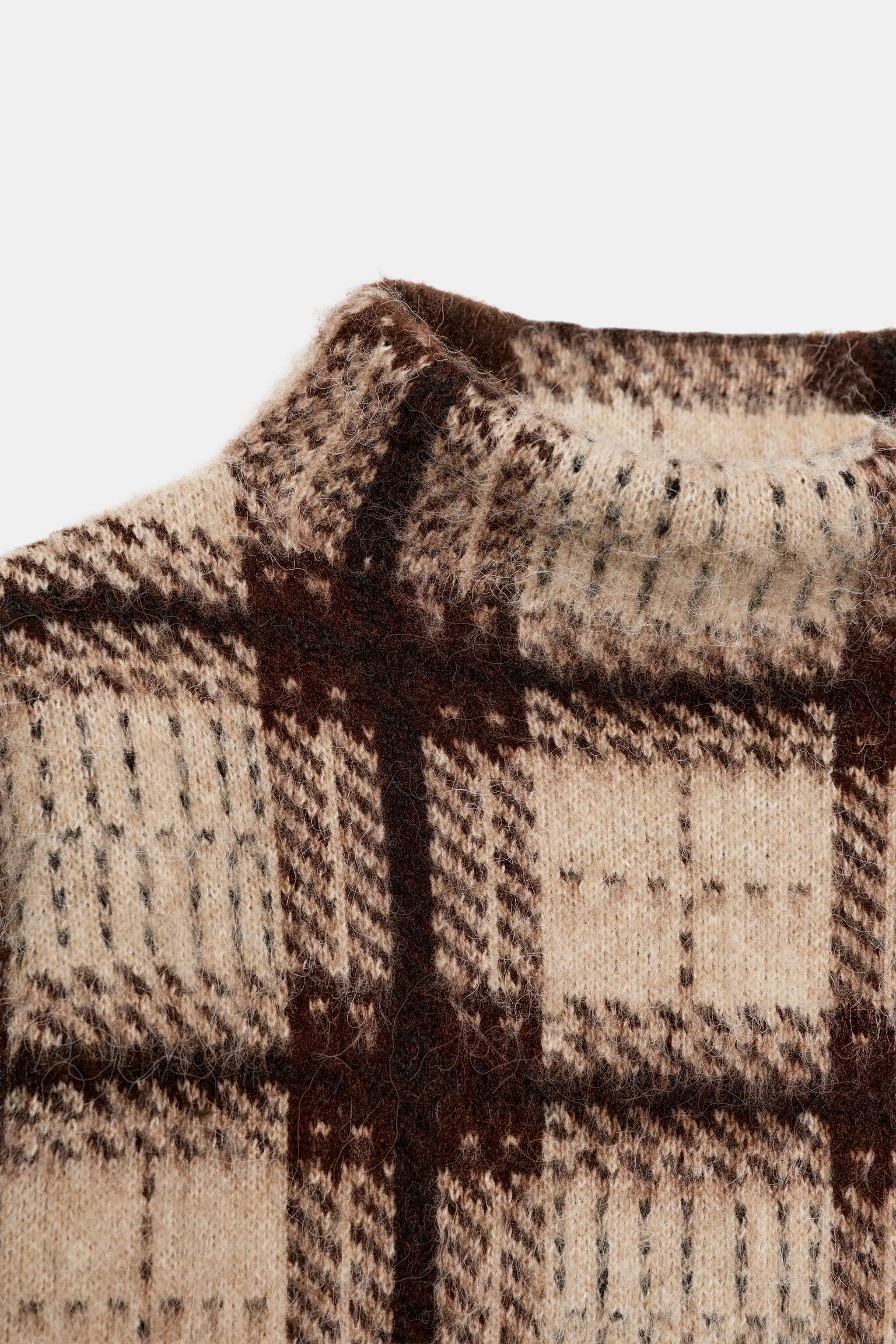 PLAID BRUSHED EFFECT KNIT SWEATER