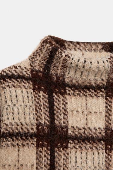 PULL EN MAILLE À CARREAUX EFFET BROSSÉ - Beige / Marron clair de Zara - Image 3