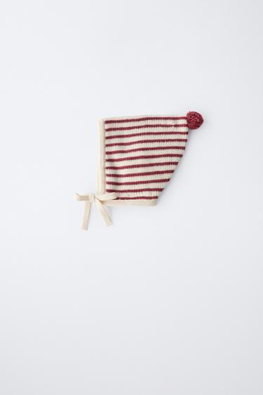 STRIPED TOWELLING BONNET WITH POMPOM - Burgundy by Zara