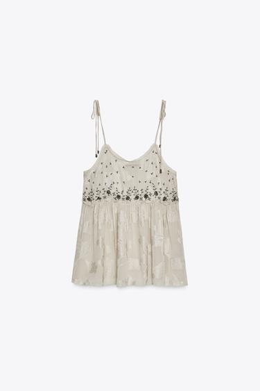ZW COLLECTION JACQUARD STRAPPY TOP - Pearl grey by Zara - Image 3