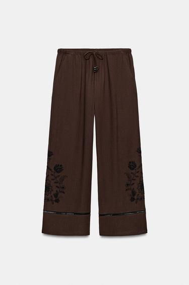PANTALON LARGE BRODERIES ET ENTRE-DEUX - Marron de Zara - Image 5