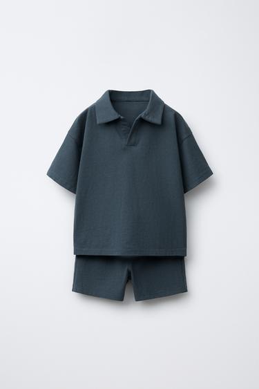 PLAIN POLO SHIRT AND JOGGING BERMUDA SHORTS SET - Blue by Zara