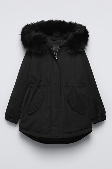 Zara HOODED PARKA WITH FAUX FUR TRIM - Black