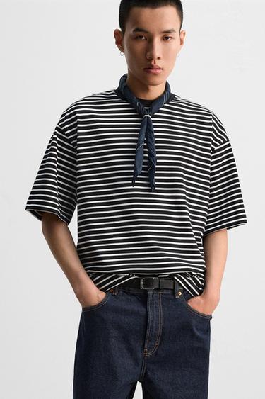 STRIPED JACQUARD T-SHIRT - Black by Zara