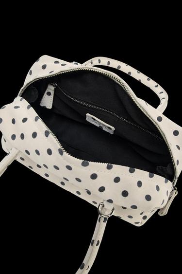 Zara PRINTED SPLIT LEATHER BOWLING BAG - Ecru