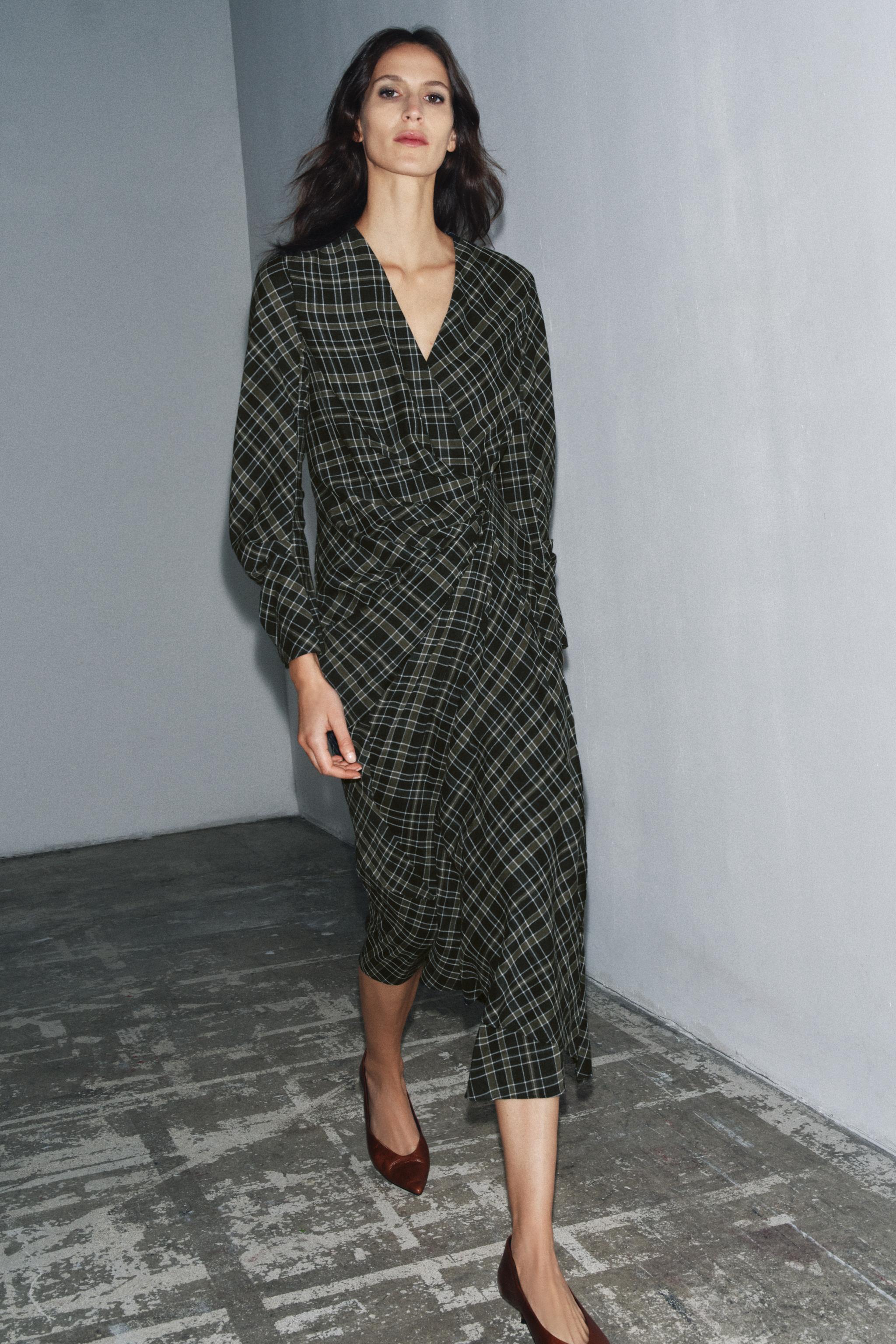 DRAPED PLAID DRESS