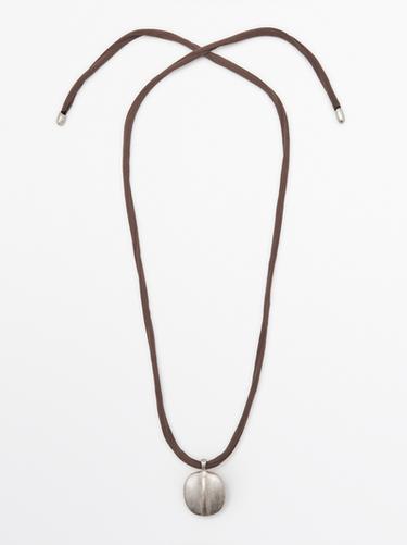Zara Leaf and silk cord necklace - Silver