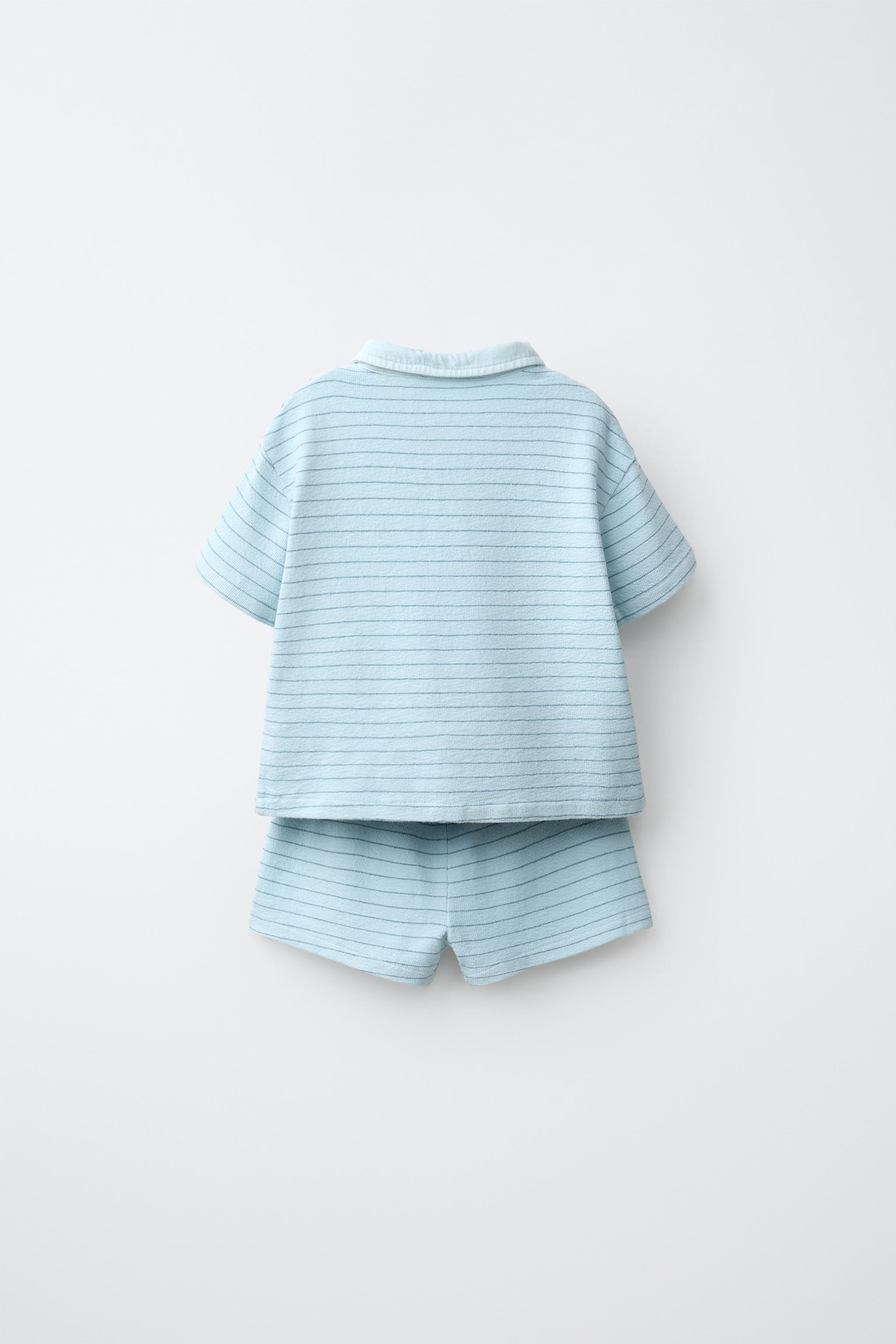 STRIPED POLO SHIRT AND BERMUDA SHORTS SET — Neon blue