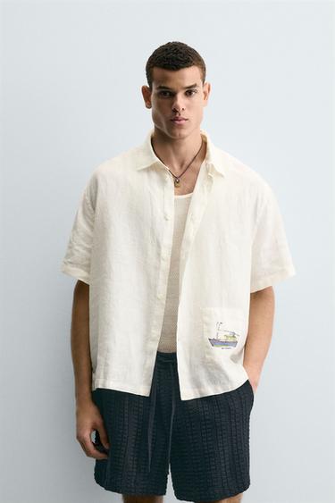 CAMISA DE LINHO COM PATCH COMBINADO FILIPE JARDIM X ZARA - Branco-marfim da Zara