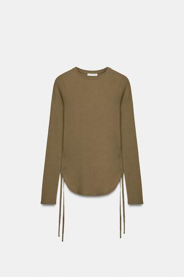 Zara RUSTIC T-SHIRT WITH DRAWSTRINGS - Tobacco Brown