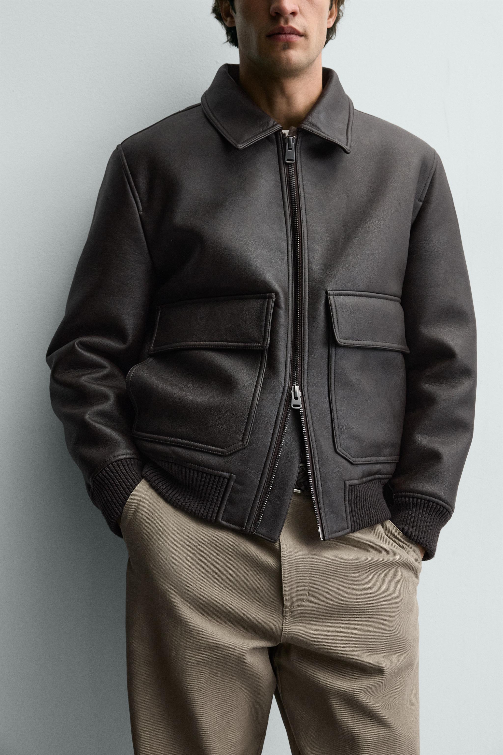 フェイクレザー コントラストカラー ジャケット - ダークブラウン