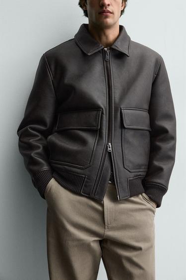 CAZADORA EFECTO PIEL CUELLO COMBINADO - Marrón oscuro de Zara