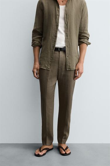 Zara 100% LINEN PANTS - Light khaki
