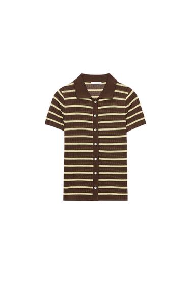 STRIPED POLO COLLAR TOP - Brown by Zara