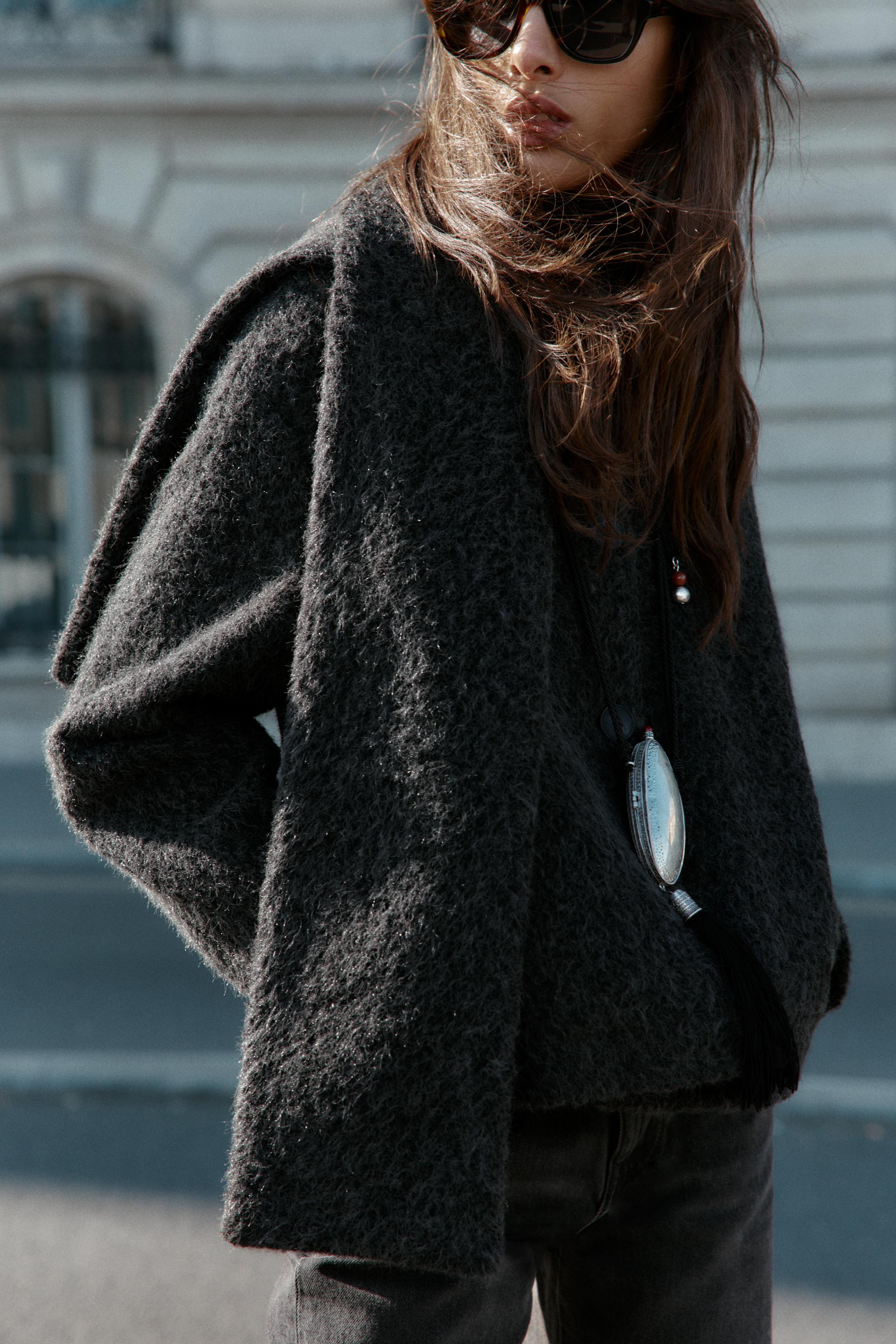 SHORT COAT WITH BOUCLÉ SCARF Dark gray ZARA United States