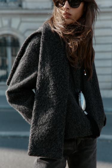 SHORT BOUCLÉ COAT WITH SCARF - Dark grey by Zara