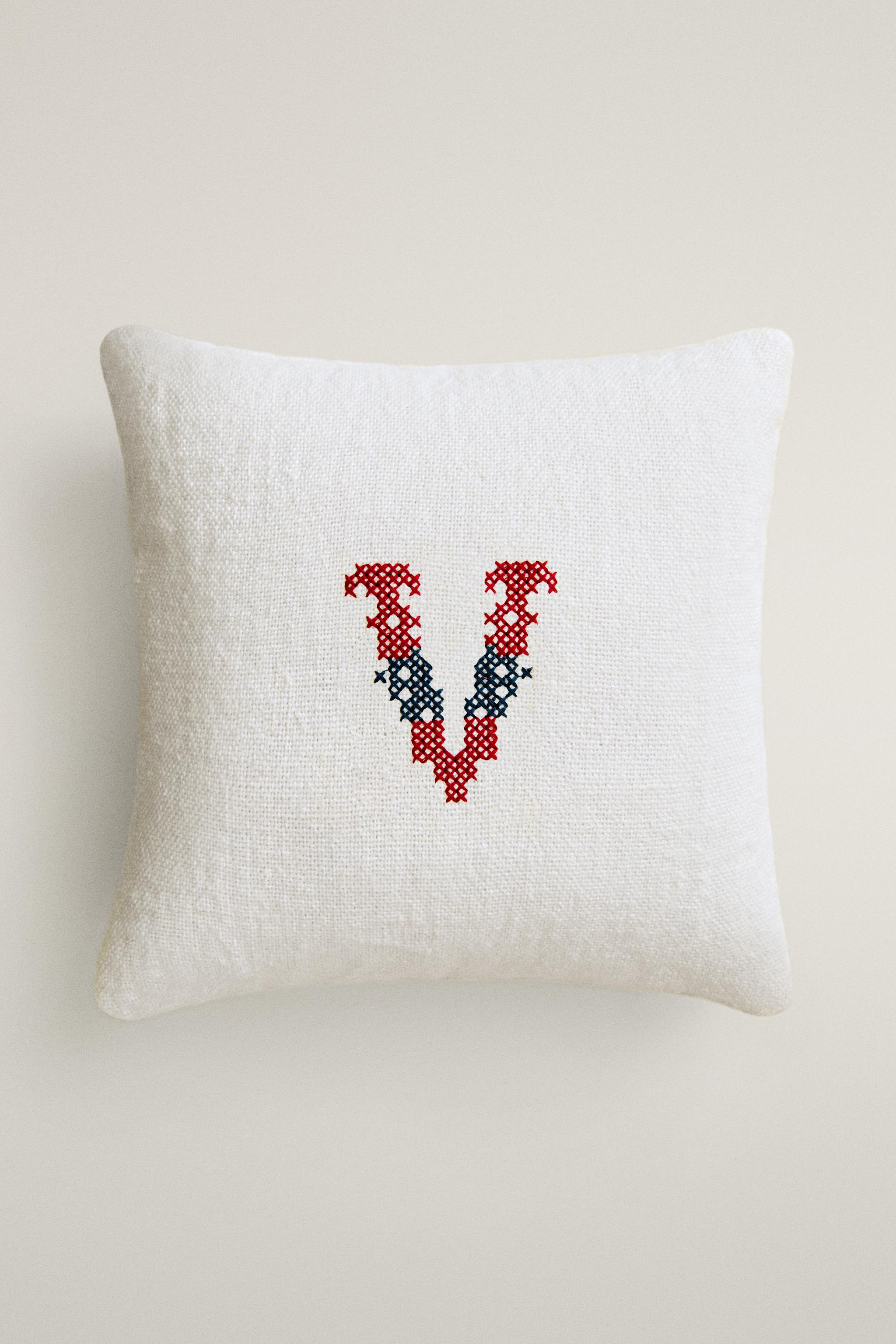 EMBROIDERED 'V' LETTER LINEN CUSHION — Ecru