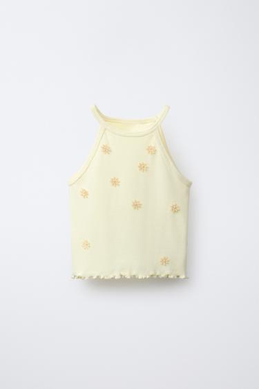 Zara BUTTERFLY AND FLOWER RIBBED TOP - Yellow