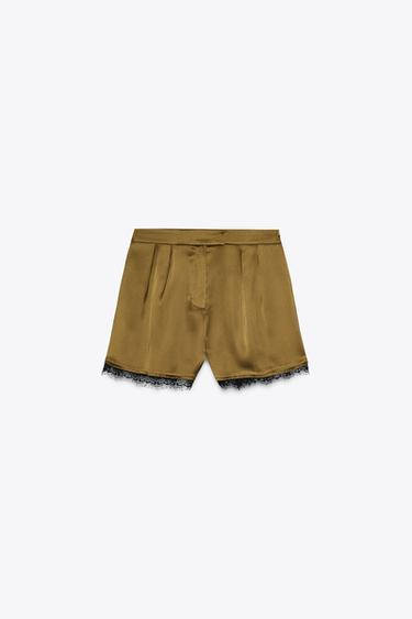 Zara SATIN SHORTS WITH LACE - Oil