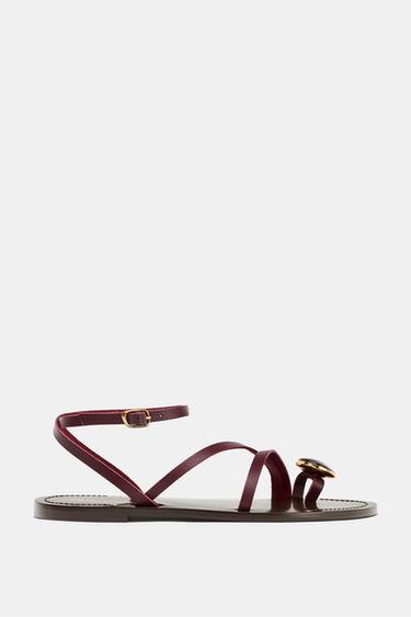 FLAT LEATHER SANDALS WITH STRAPS AND DECORATION - Burgundy Red by Zara