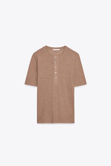 Zara 亞麻鈕扣 T 恤 - 棕色