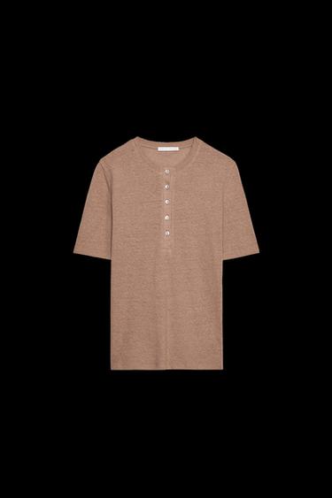 T-SHIRT MIT LEINEN UND KNÖPFEN - Braun von Zara