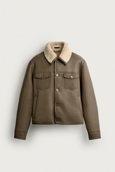 جاكيت بجلد صناعي بوجهين - كاكي الخاص بـ Zara