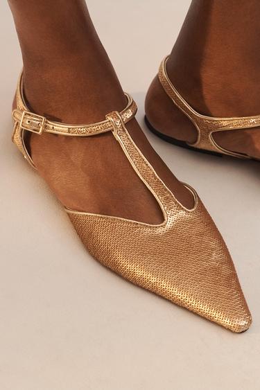 Zara LIMITED EDITION SEQUIN FLATS - Gold