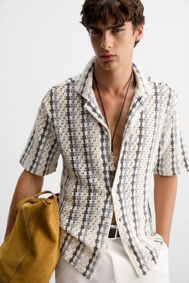 CROCHET TEXTURED SHIRT - White / Navy by Zara