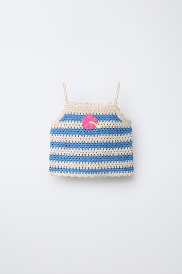 STRIPED CROCHET KNIT TOP - Ecru / Blue by Zara