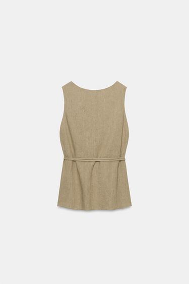 ZW COLLECTION LINEN BLEND BELTED TOP - Khaki by Zara - Image 3