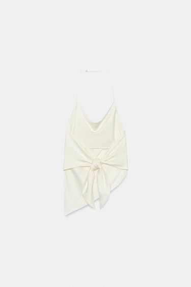 Zara SATIN-EFFECT HALTER TOP - Oyster-white