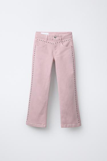 Zara STUDDED FLARE JEANS - Pink