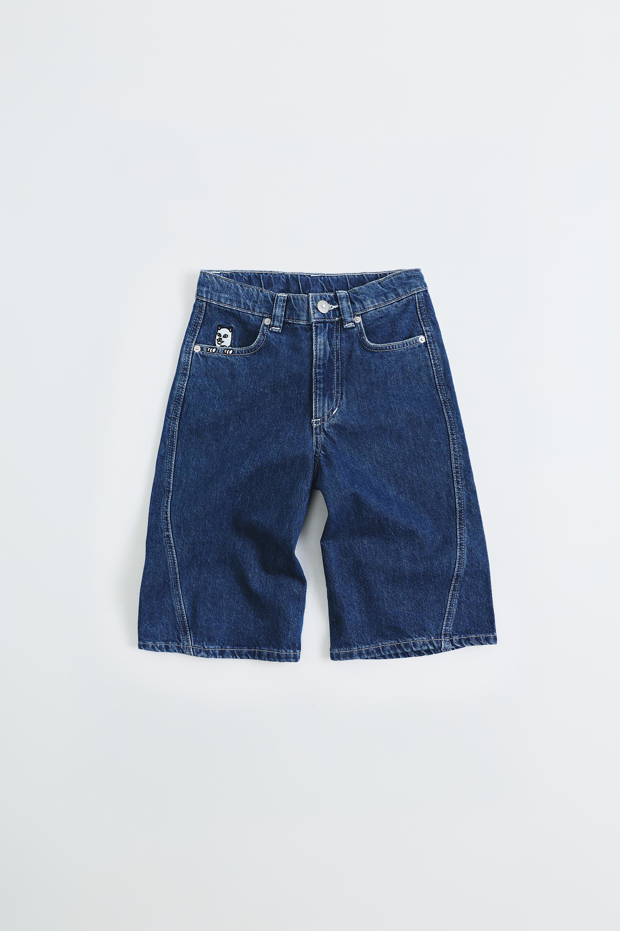 RIPNDIP © X ZARA KIDS EMBROIDERED SKATER DENIM SHORTS — Blue