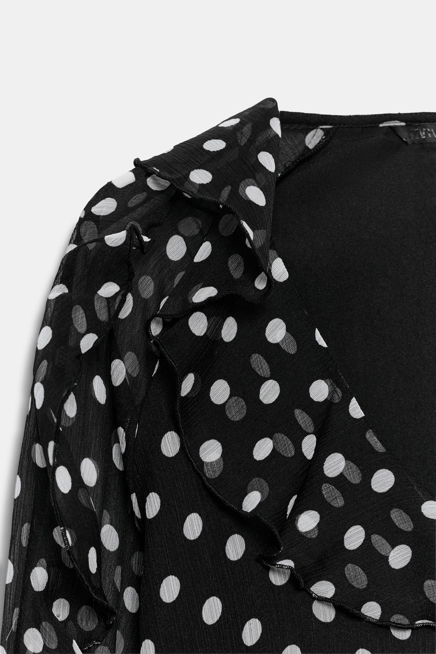 Женская блузка Zara Polka Dot Ruffle Blouse, цвет: Чёрный / Экрю — фото 8