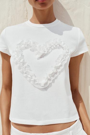 T-SHIRT WITH TEXTURED HEART - White by Zara - Image 2