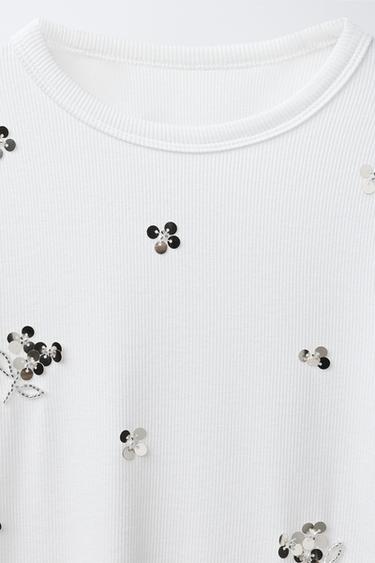 T-SHIRT CÔTELÉ À PAILLETTES - Blanc de Zara - Image 2