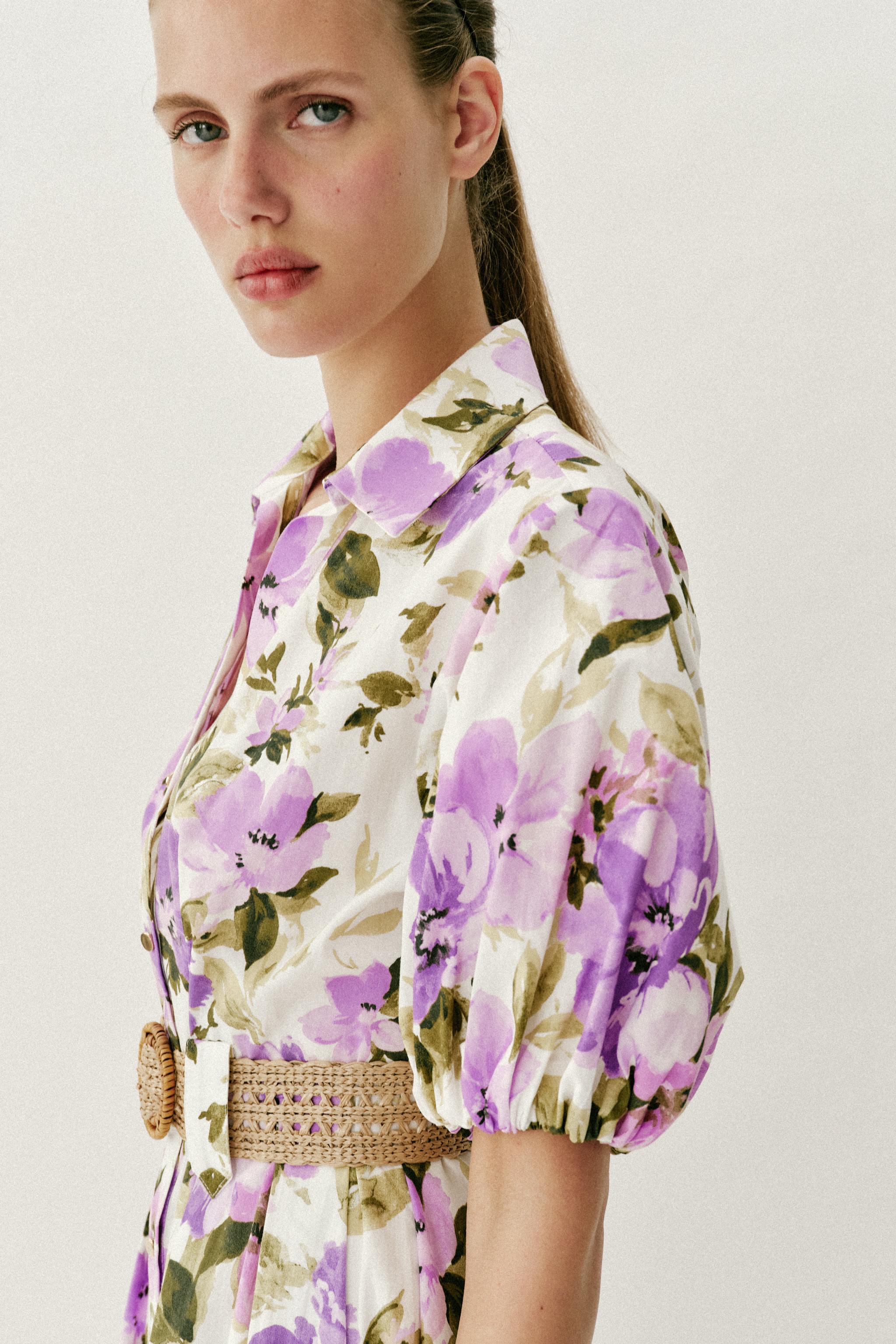 FLORAL PRINT BELTED MIDI DRESS